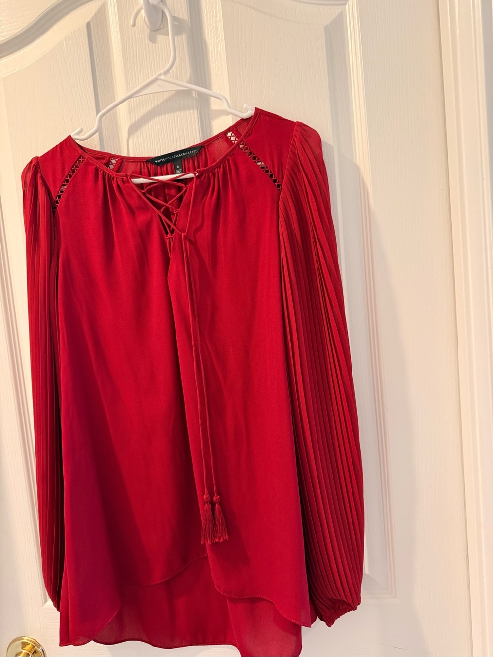 White House black market pleated Sleeve Red Blouse with Tassel Tie